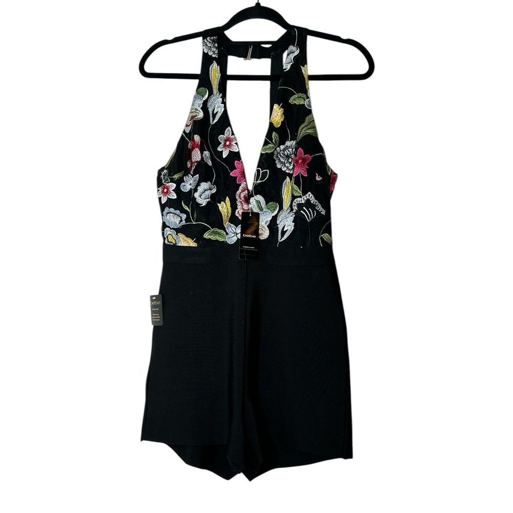 Bebรฉ Romper Shorts Womens Mediumโ Flower Zipper V-Neck Sleeveless Stretch New
